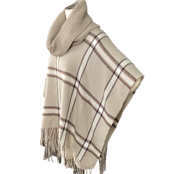 APT 9 Plaid Poncho Ribbed Knit Cowl Neck Fringed Hem One Size Beige 219C - Picture 3 of 7